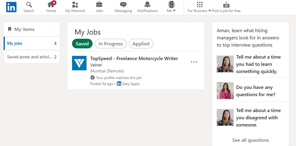 Пункт «My jobs» в левом меню LinkedIn
