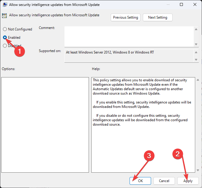 Окно настройки политики: Enabled, Apply, OK
