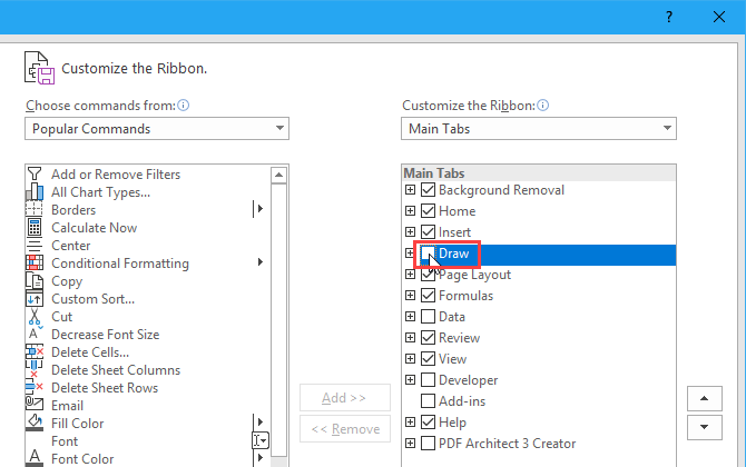 Hide tabs on the Excel ribbon