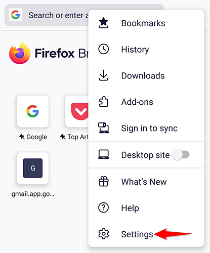 Выберите «Настройки» в меню Firefox на Android.