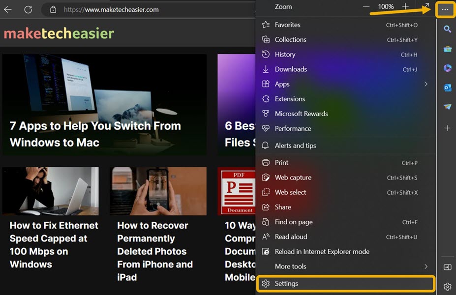 Открытие параметров в Microsoft Edge.