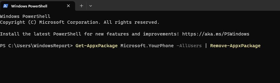 PowerShell с командой удаления Phone Link
