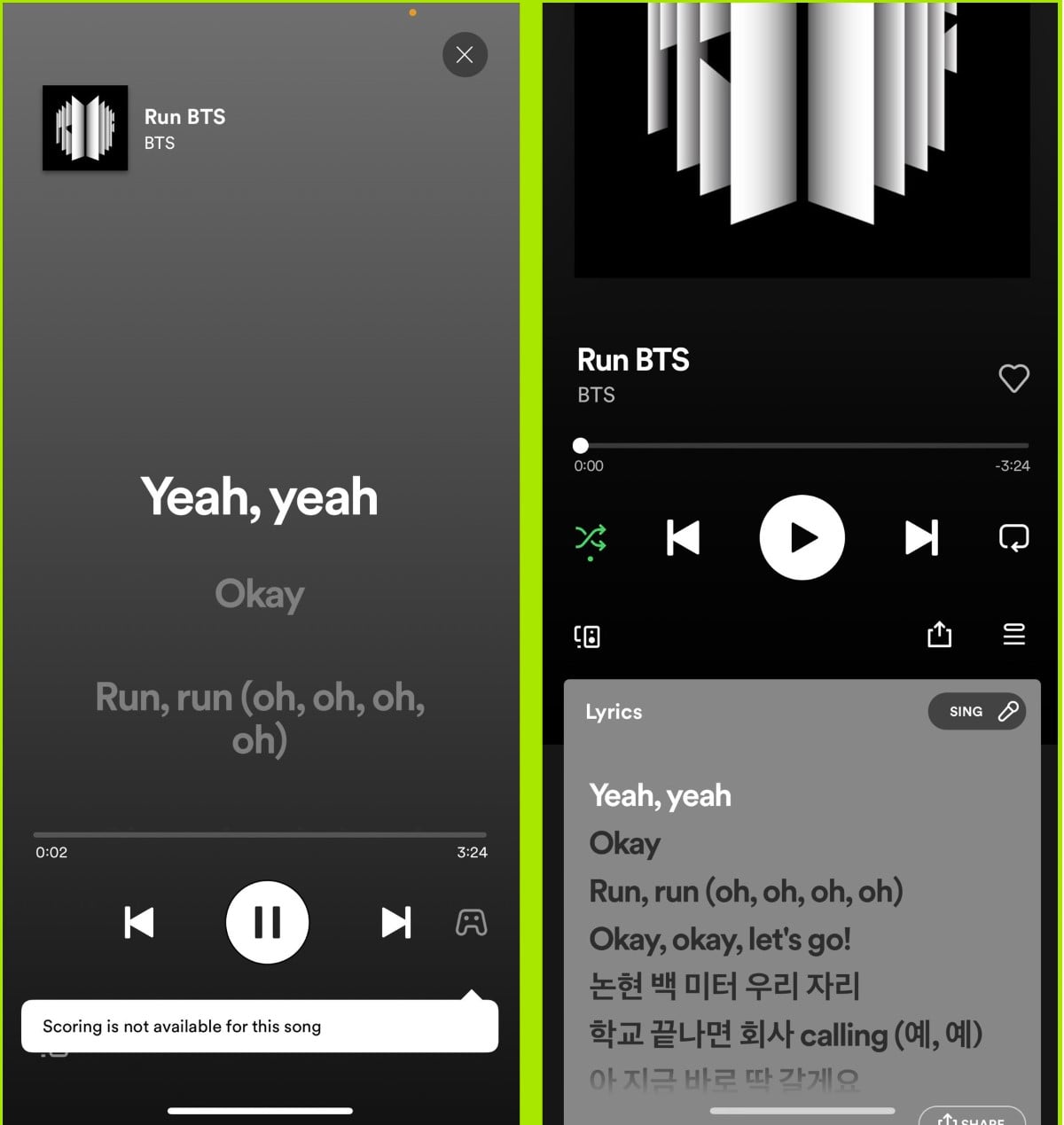 Интерфейс Spotify с текстом и опцией караоке