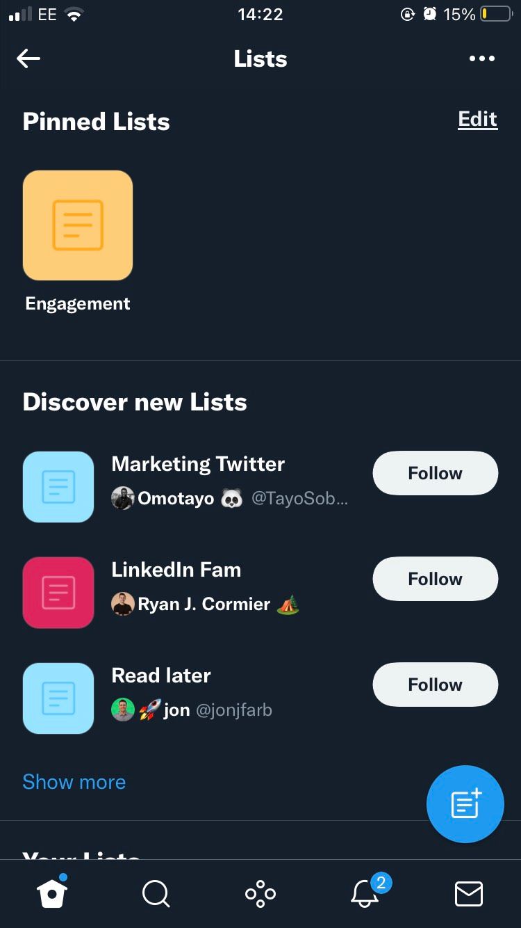 Раздел списков в iOS-приложении Twitter.