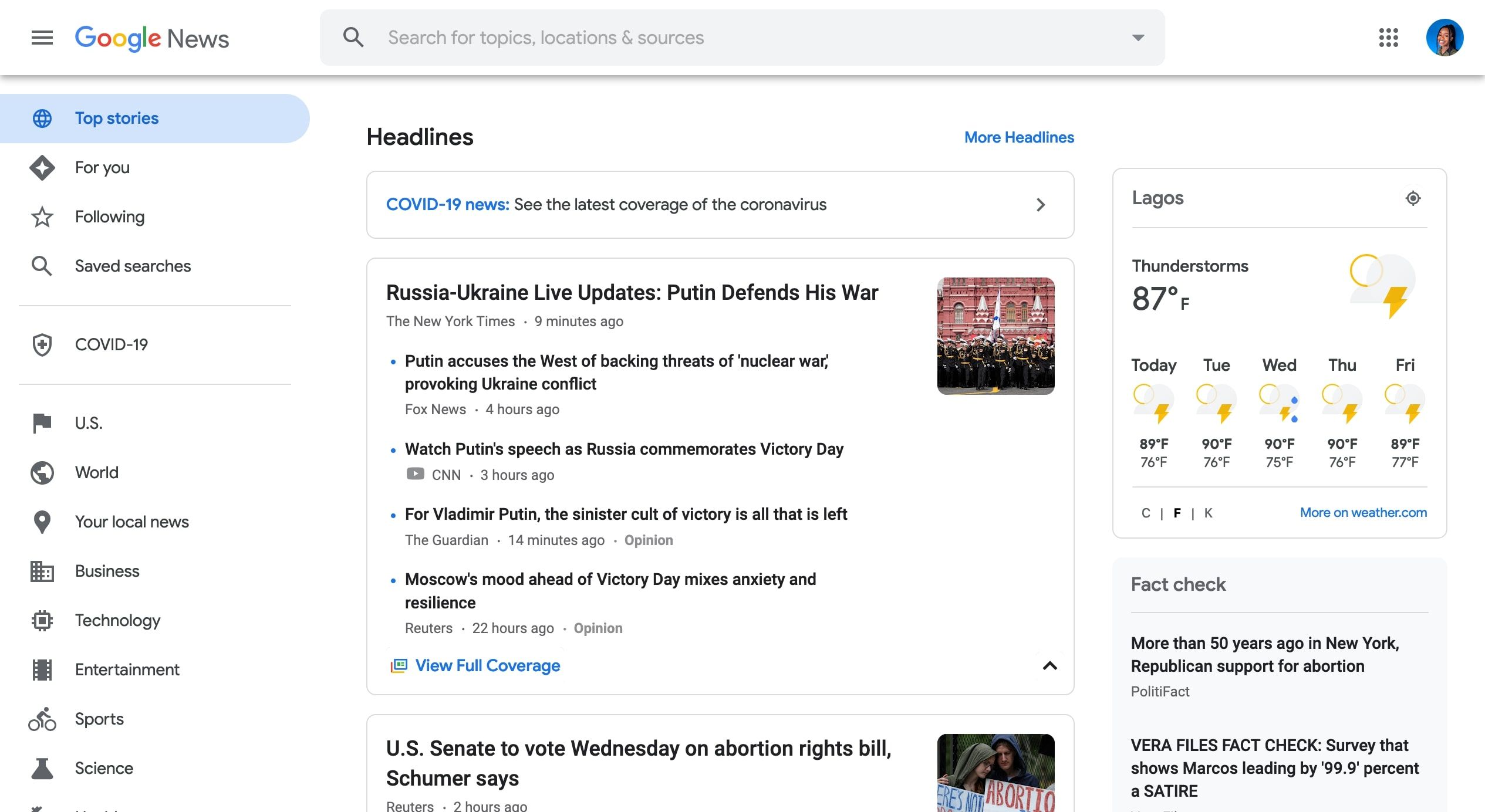 Скриншот Google News с вкладкой «Главное»
