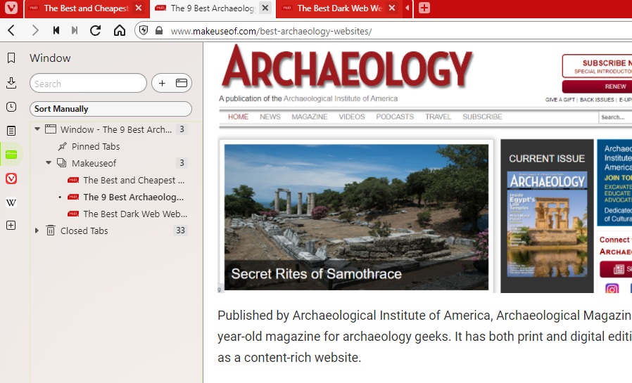 Панель окон в Vivaldi