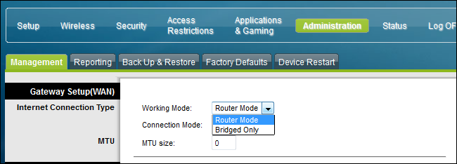 Панель управления Cisco: выбор режима Router/Bridge