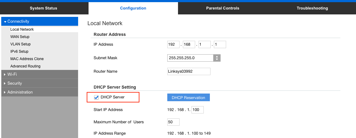Настройка DHCP-сервера включена в интерфейсе Linksys