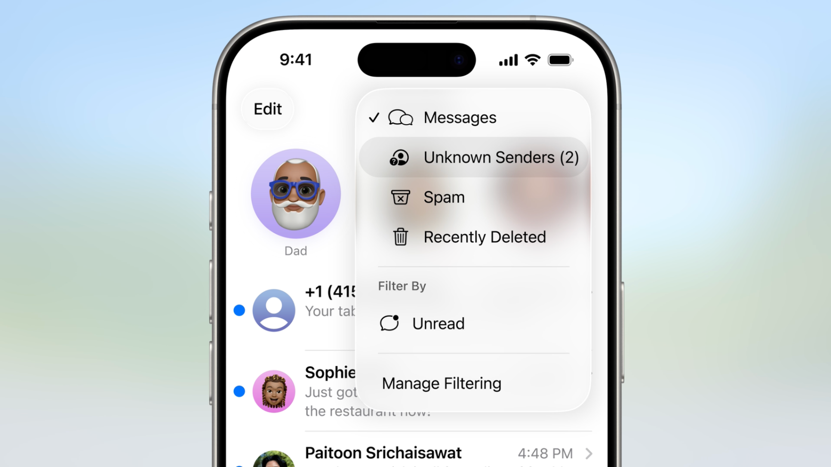 Capture d’
d
‘
‘écran montrant le menu Messages avec le dossier Exp
éditeurs inconnus.