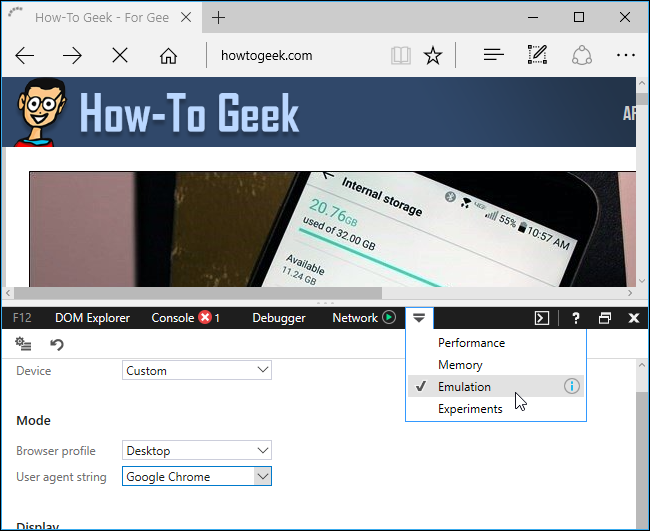 Выбор User agent в Emulation