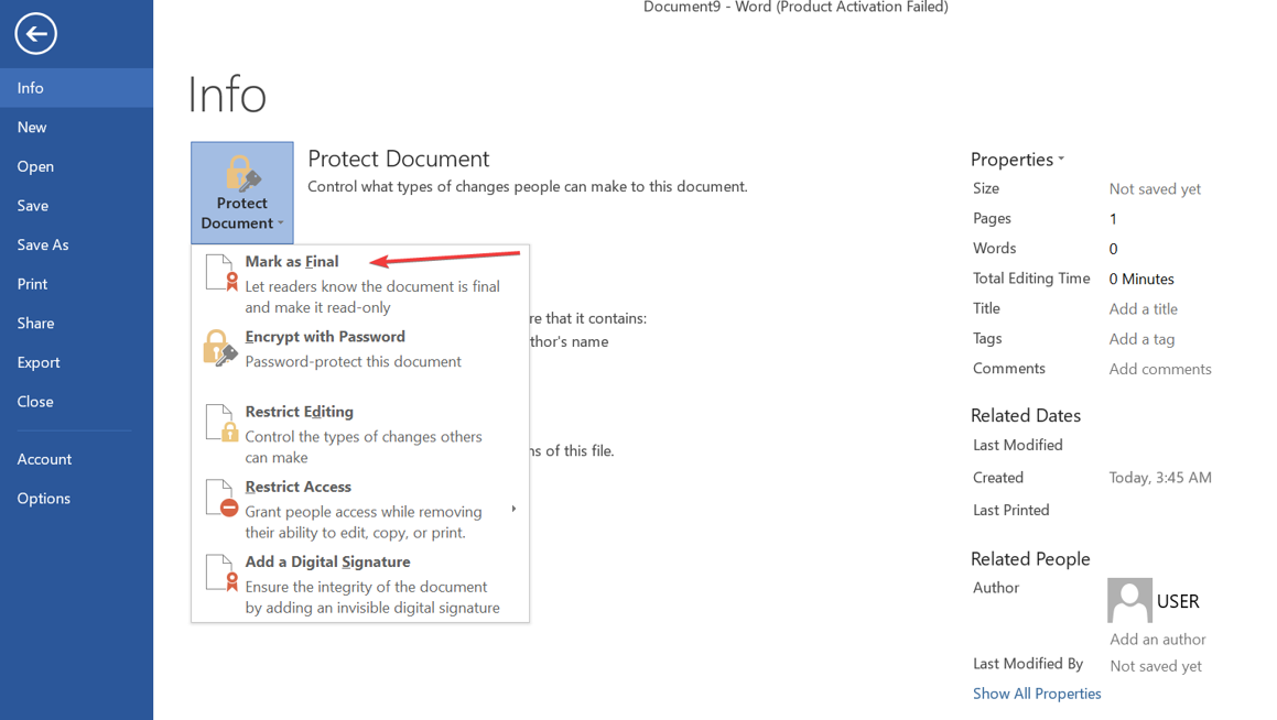 Скриншот: опция Сделать окончательным в меню Защитить документ