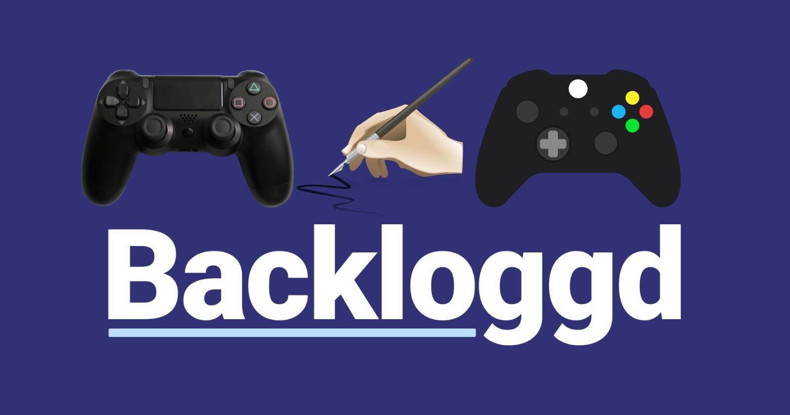 Контроллер PS4 и Xbox с мультяшным значком письма и логотипом Backloggd на синем фоне