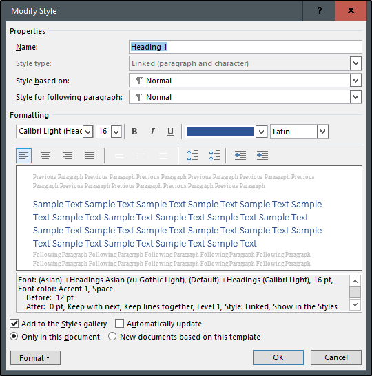Окно «Изменение стиля» с параметрами и превью