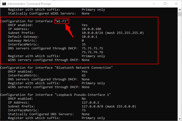 Вывод команды netsh interface ipv4 show config с выделенным Wi‑Fi адаптером
