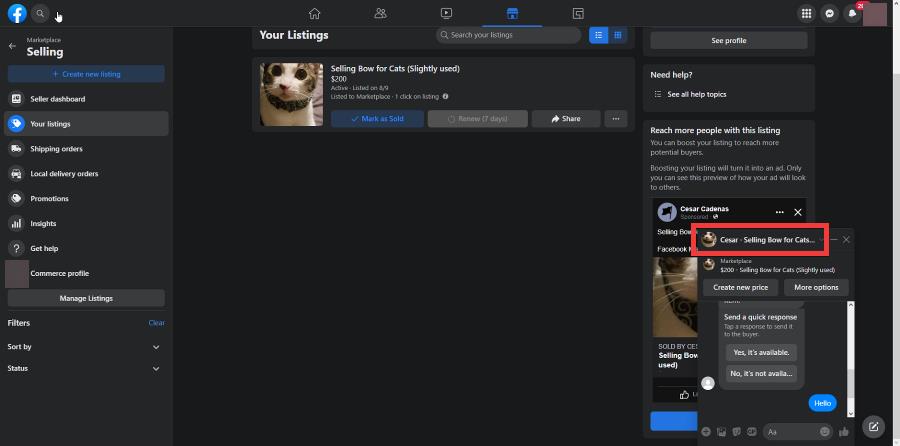 Окно переписки в Messenger — открыть настройки чата