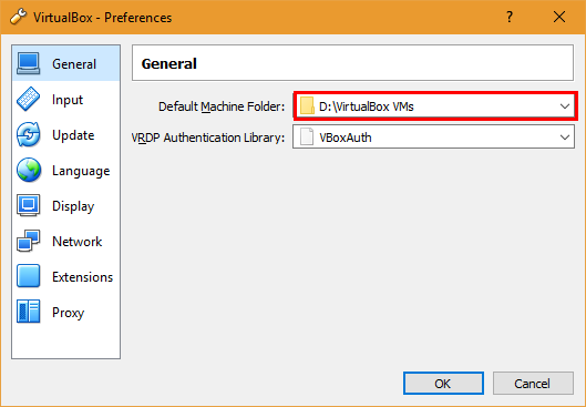 Изменение папки виртуальных машин в настройках VirtualBox