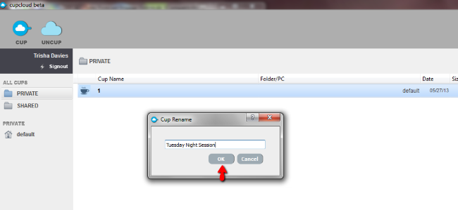 Поле ввода нового имени cup и кнопка OK