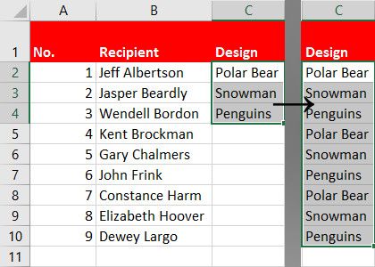 Результат автозаполнения столбца с дизайнами открыток