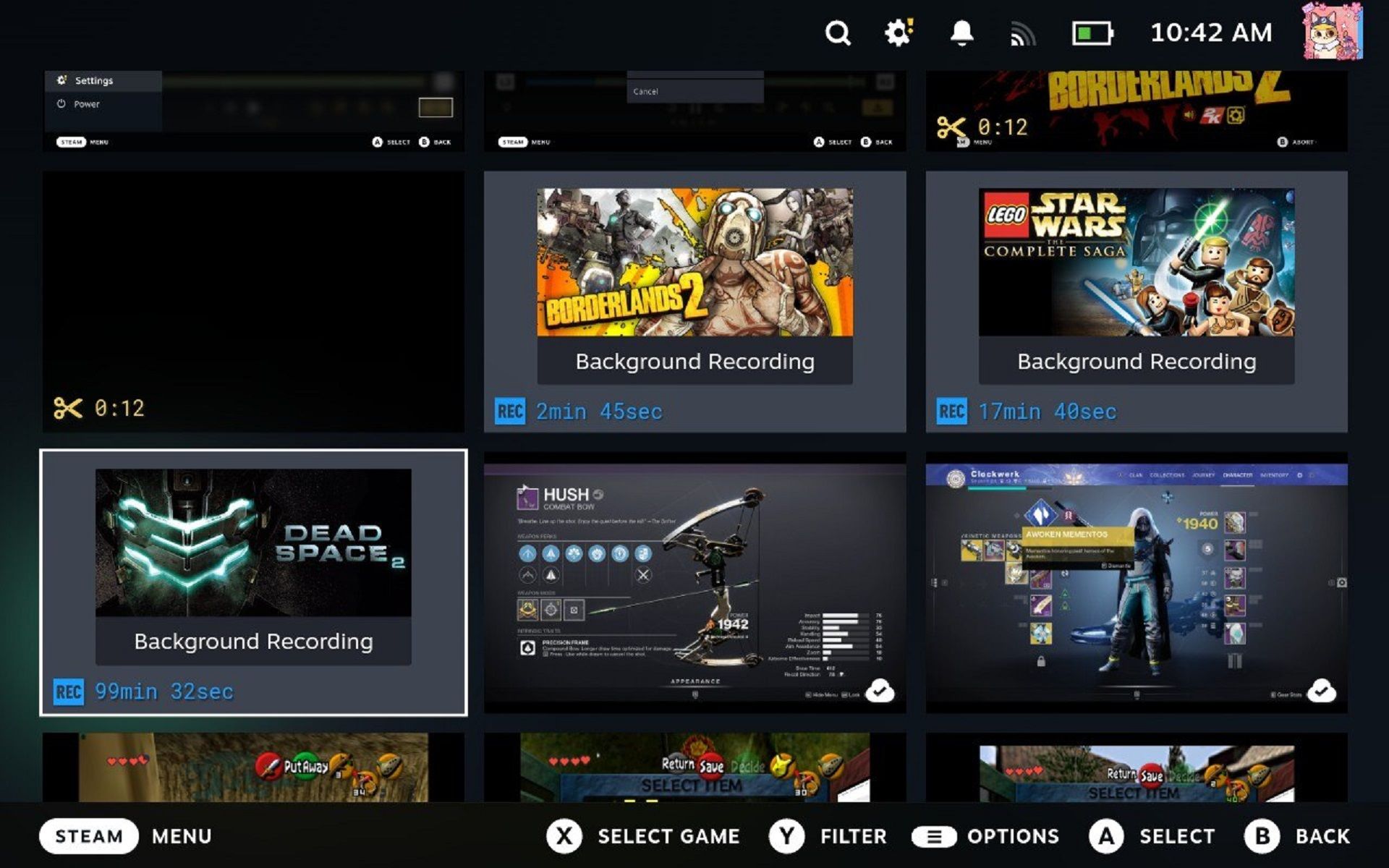 Медиатека на Steam Deck с сохранёнными видео.