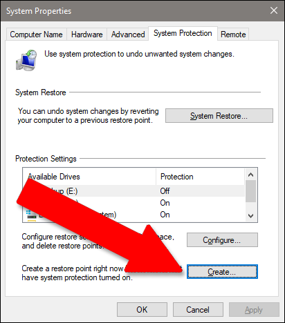 Окно создания точки восстановления