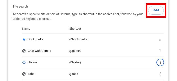 Кнопка 'Add' в разделе Site Search.