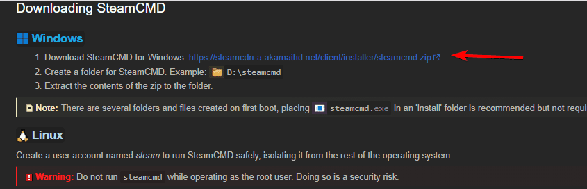 Скачивание архива SteamCMD с сайта Valve