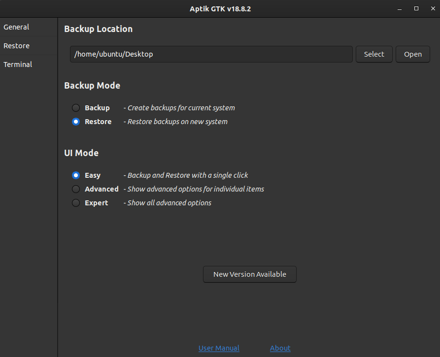 Окно восстановления в Aptik GTK