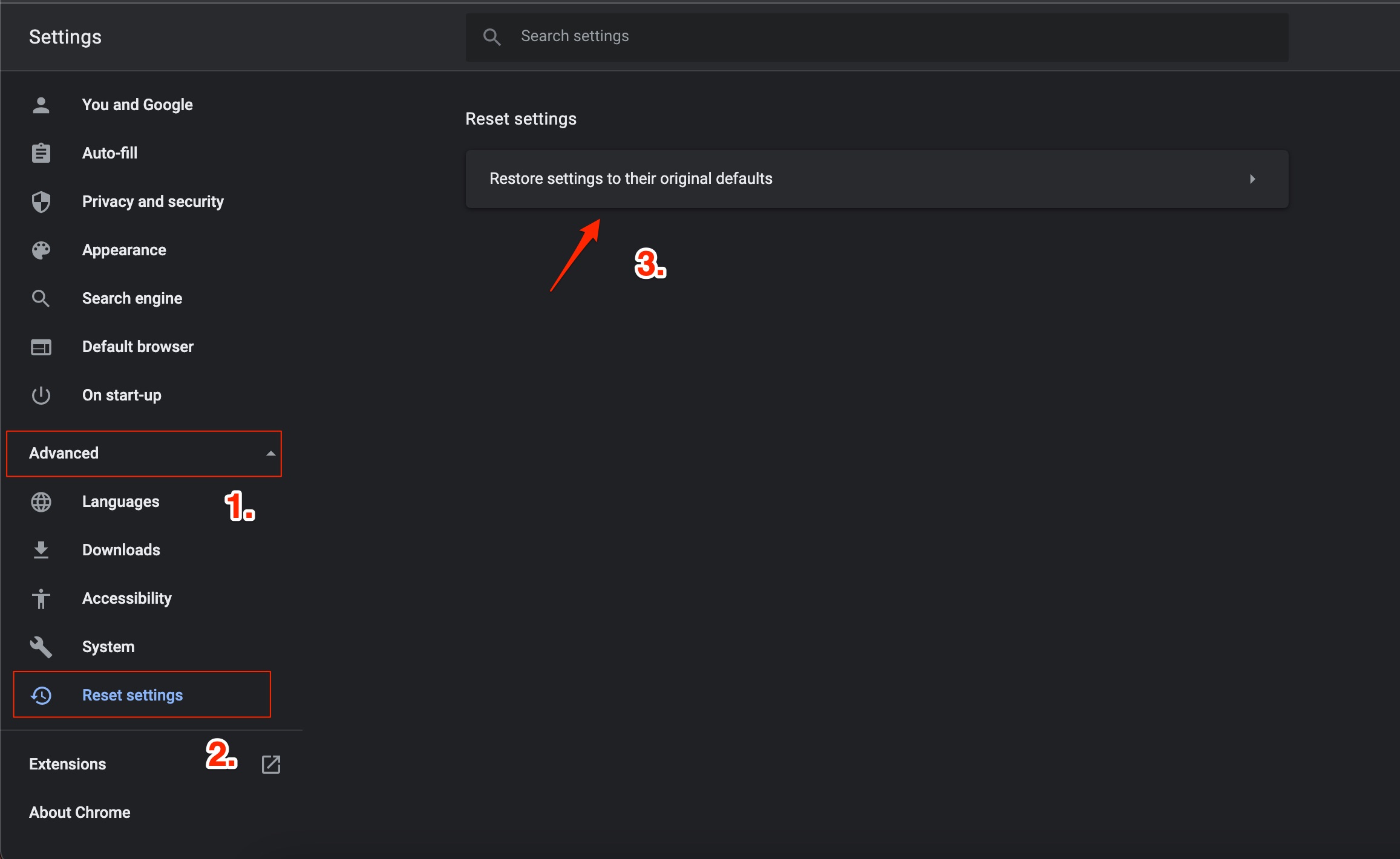 Сброс настроек Chrome