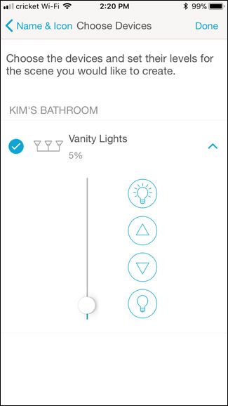 Экран создания сцены: выбор устройств и установка яркости