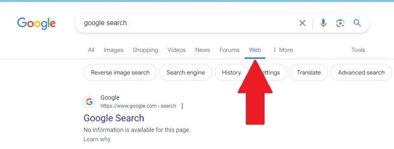 Переключение на Web при поиске Google.