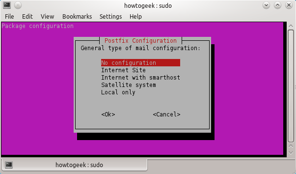 Экран конфигурации Postfix
