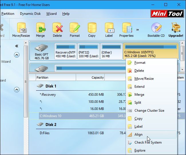 MiniTool Partition Wizard интерфейс — команда Align