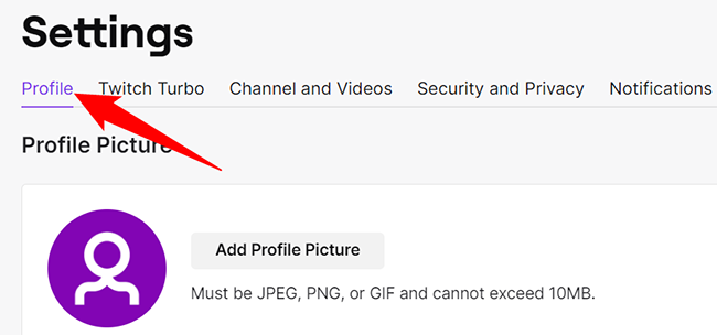 Вкладка Профиль в настройках Twitch