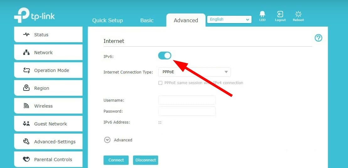 Переключатель включения IPv6 в роутере