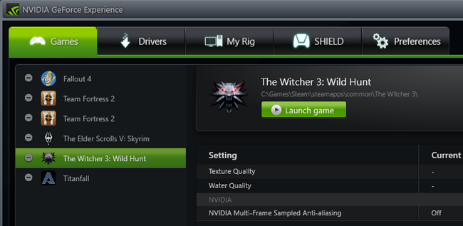GeForce Experience: вкладка Игры