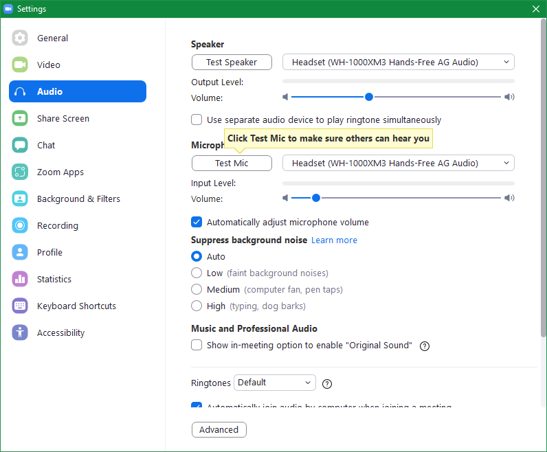 Опции звука Zoom