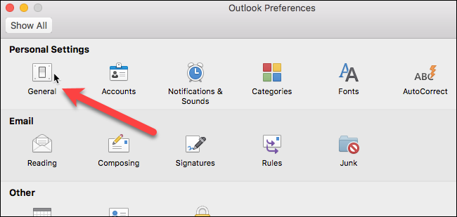 Изображение: выбор «Общие» в настройках Outlook