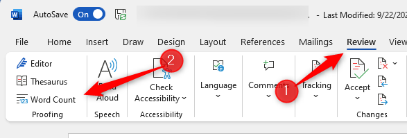 Вкладка Рецензирование и пункт Количество слов.