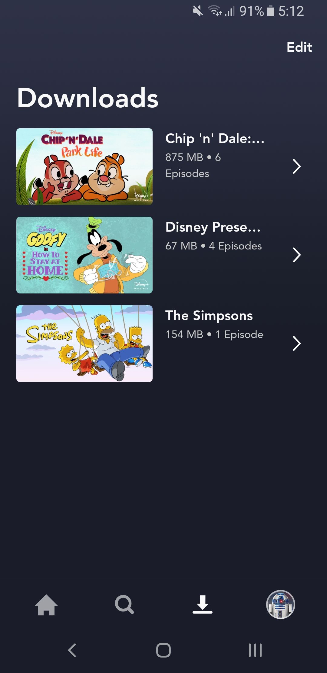 Раздел загрузок в Disney+