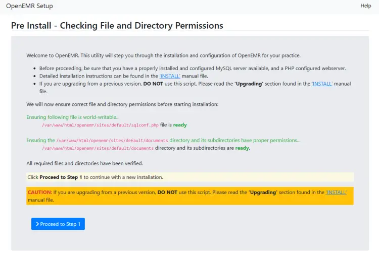 Проверка готовности установки OpenEMR