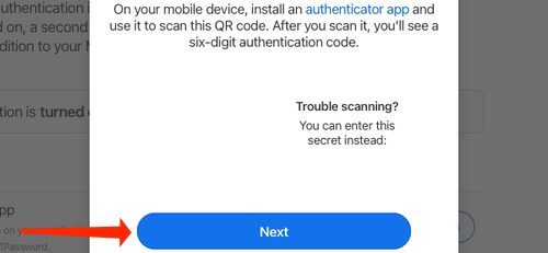 Кнопка «Далее» при настройке 2FA
