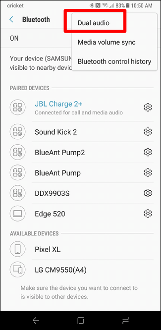 Переключатель Dual Audio в меню Bluetooth