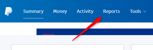 Вкладка Reports в шапке сайта PayPal