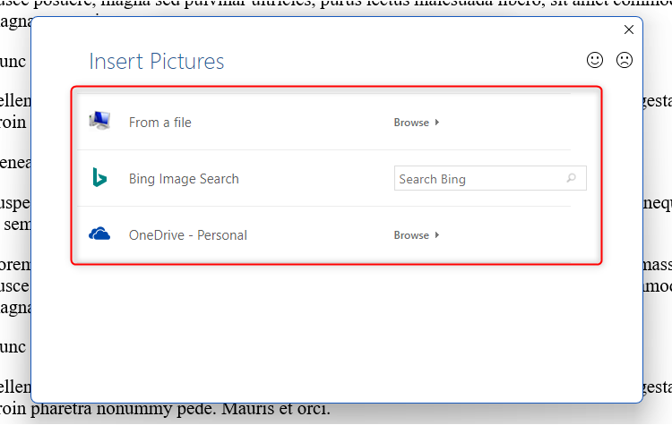 Окно Вставить рисунки с вариантами выбора источника изображения.
