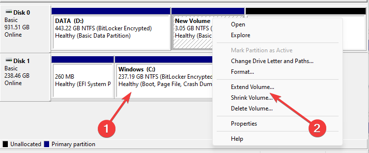 Выбор раздела для расширения
