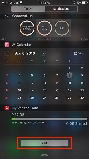 Кнопка «Изменить» в Центре уведомлений iOS