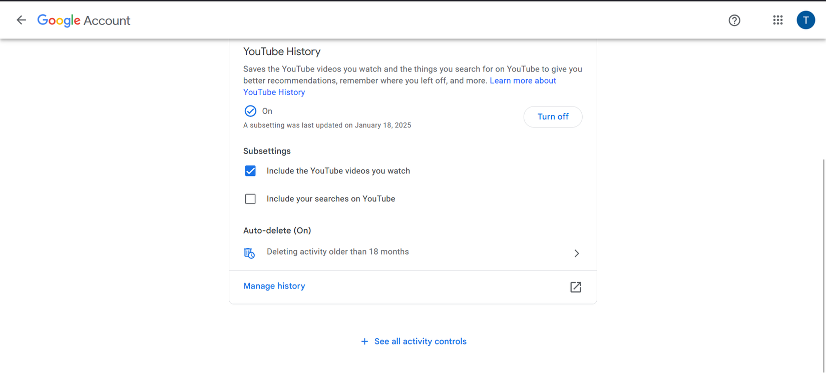 Элементы управления историей YouTube