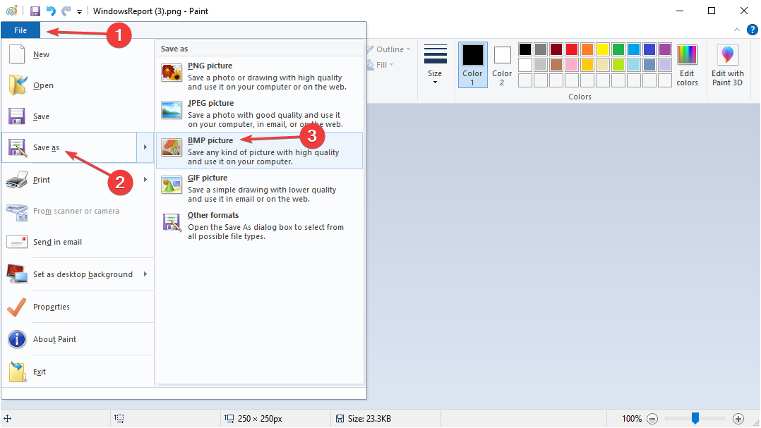 меню сохранения BMP в Paint