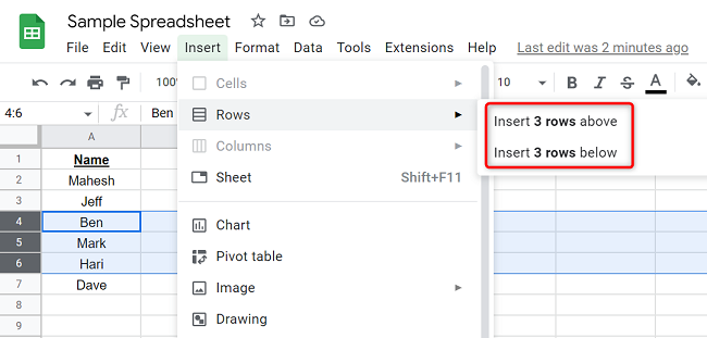 Добавьте новые строки выше или ниже выделения через меню Вставка.