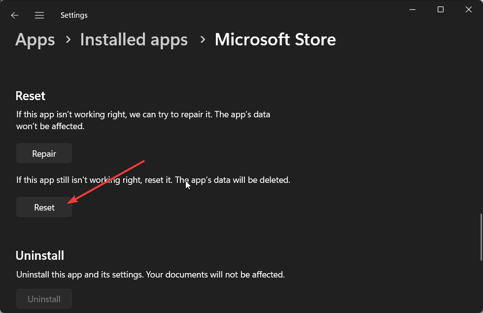 Microsoft Store 초기화 버튼 화면